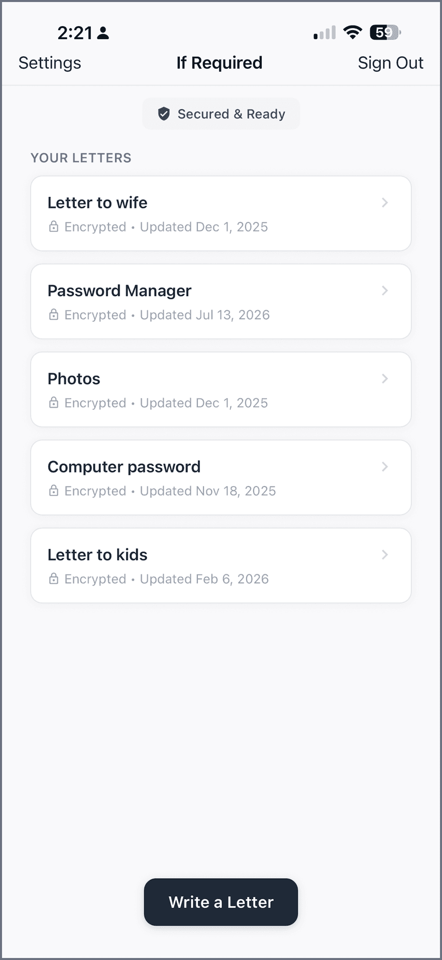 If Required iPhone app showing practical instructions and personal letters for family